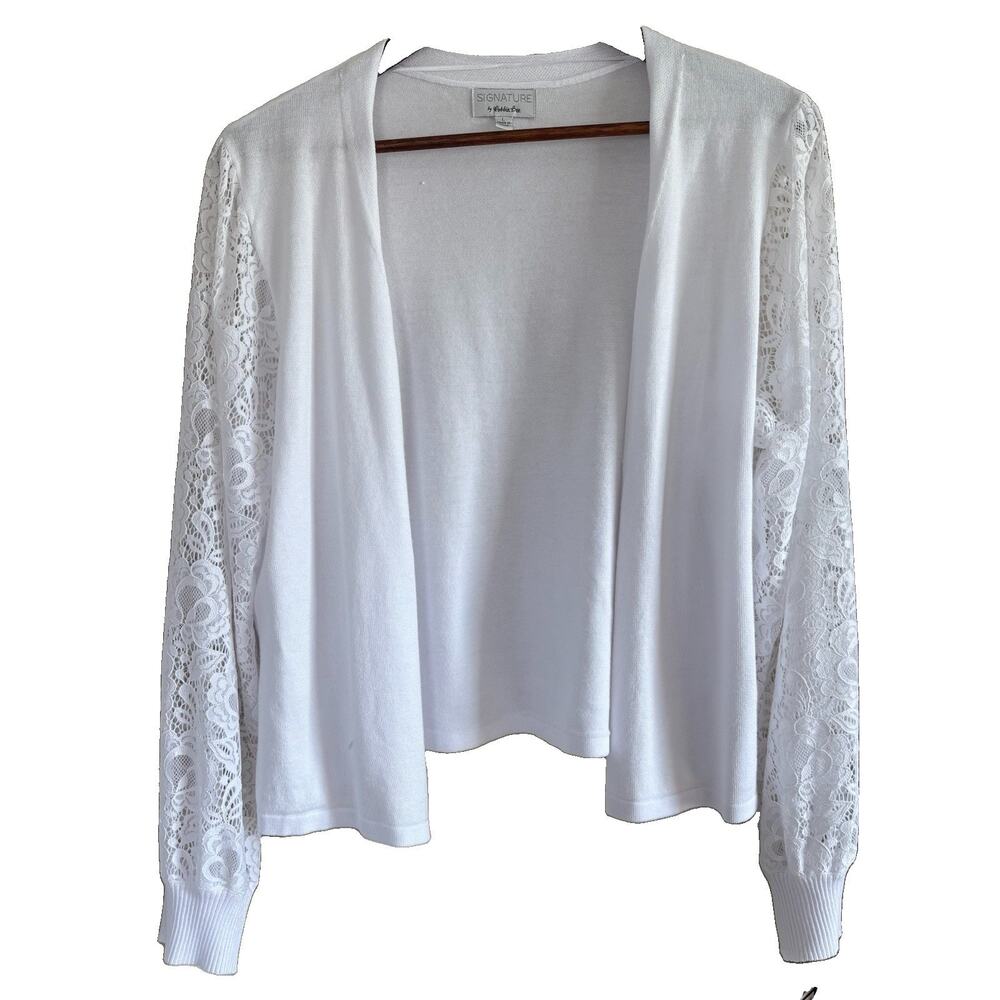 NEW Signature by Robbie Bee White Open Front Cardigan Shrug Lace Sleeves Large